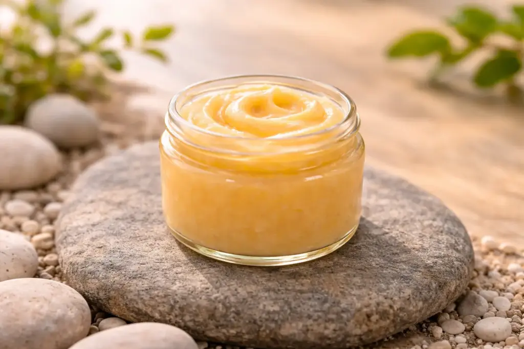A natural skincare concept with a small glass container of creamy substance on a smooth river stone.