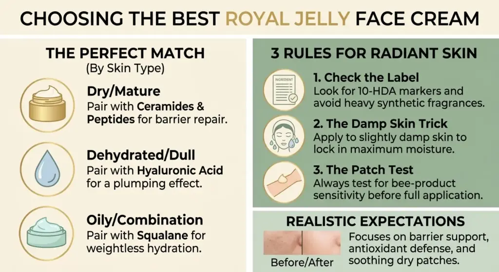 A professional skincare infographic explaining how to choose the best royal jelly face cream based on skin type, key ingredient pairings like ceramides and hyaluronic acid, and proper application steps.