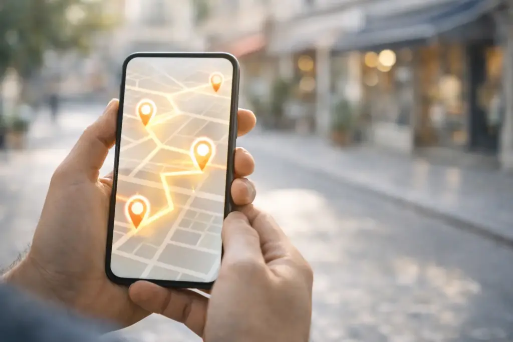 Person using phone with map application searching for local health stores
