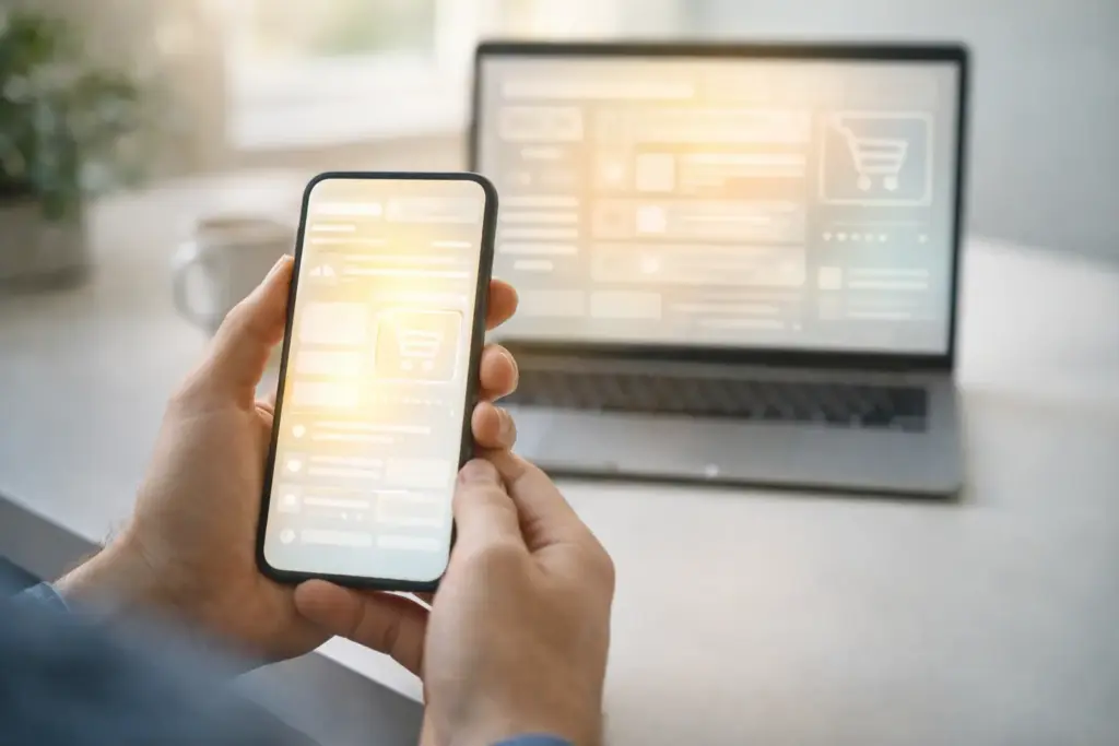 Hands holding smartphone showing online supplement store with royal jelly products on screen
