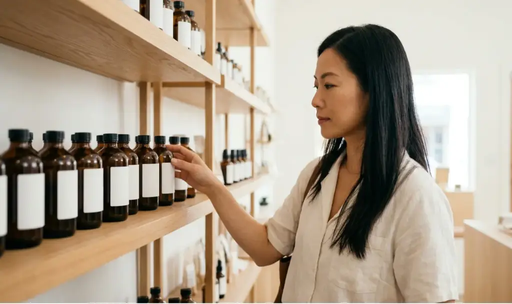 A candid photograph of an East Asian woman in a bright, minimalist health boutique, reaching for amber glass bottles of royal jelly capsules on a wooden shelf.