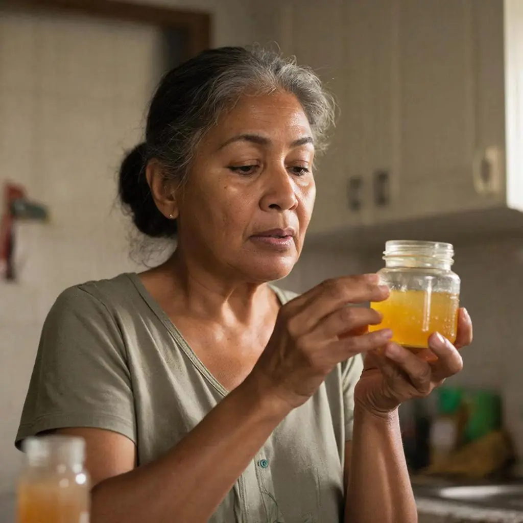 A person of Hispanic descent in a bright kitchen carefully examining a jar while learning how to eat pure royal jelly safely.