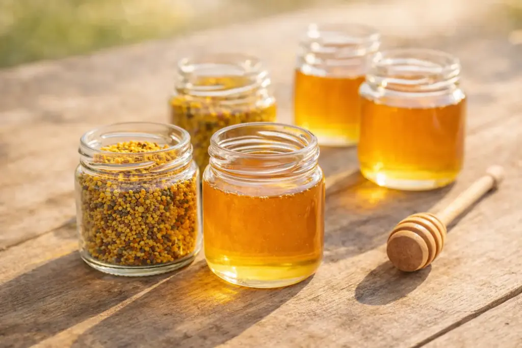 A wooden table holding small glass jars of honey and pollen, comparing what is royal jelly for bees with other harvest items.