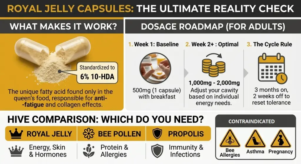 A comprehensive health infographic explaining royal jelly capsule benefits, the importance of 6% 10-HDA concentration, a daily dosage roadmap for adults, and a comparison with other bee products.