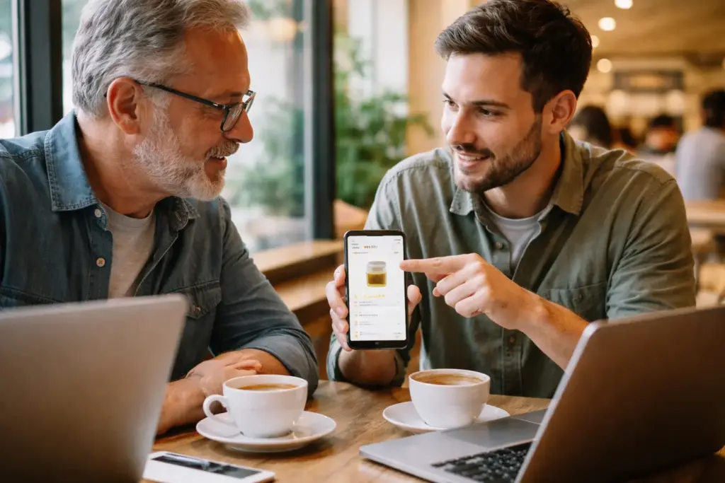 Two people discussing product reviews at cafe table with devices and coffee