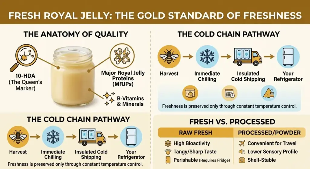 An educational infographic explaining the benefits of fresh royal jelly made in USA, featuring its 10-HDA content, the importance of cold chain shipping, and a comparison between raw and processed forms.