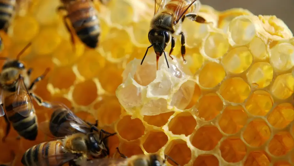 Macro shot of a young nurse bee performing the duties that show how is royal jelly made inside a wooden beehive cell.