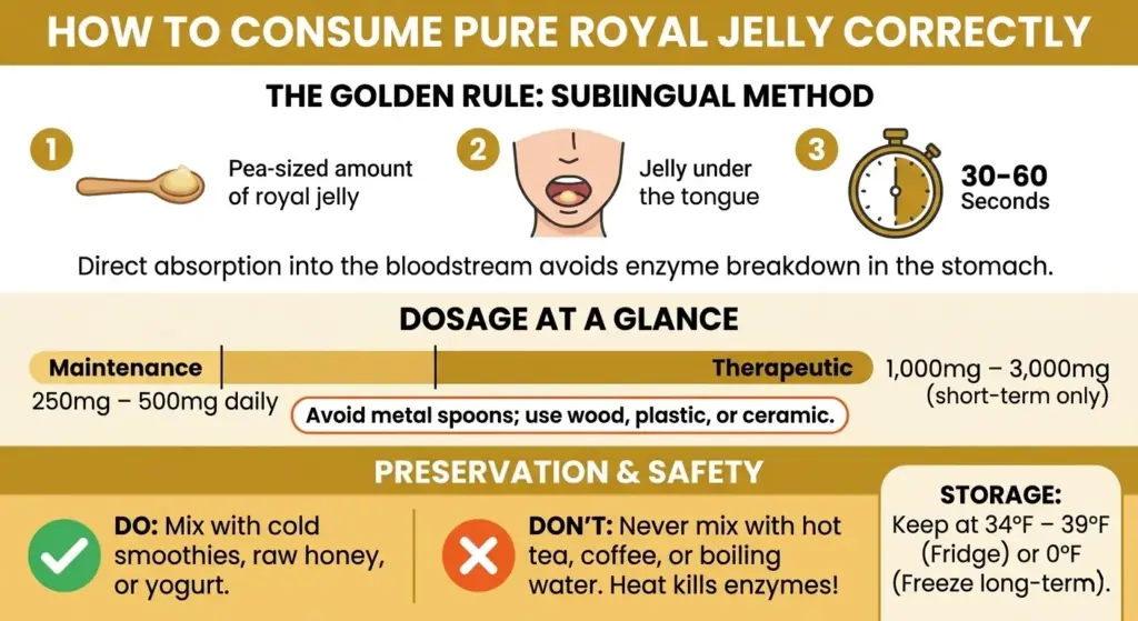 A step-by-step infographic showing how to eat pure royal jelly, highlighting the sublingual method, dosage guide for fresh vs powder, and critical storage temperature rules.