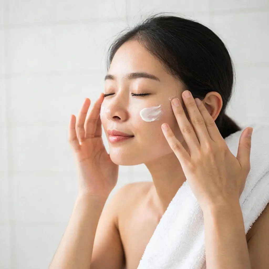 A woman gently pressing face cream onto her cheek with fingertips in a bright, minimal bathroom.