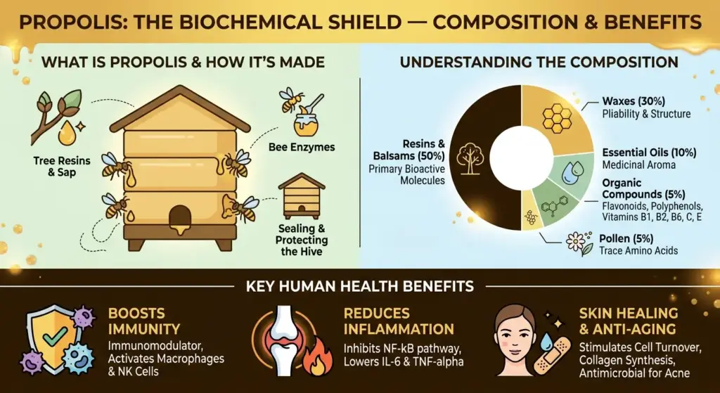An educational infographic illustrating the chemical composition of bee propolis, how bees produce it, and its primary health benefits for humans, including immunity and skin care.