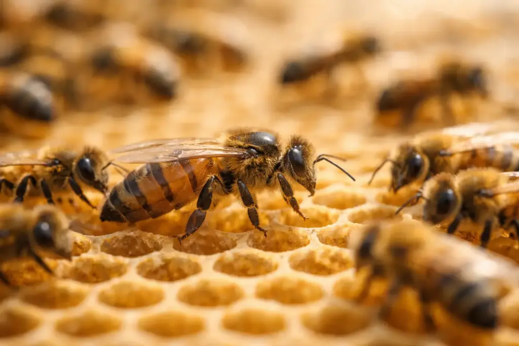 A queen bee on a frame.