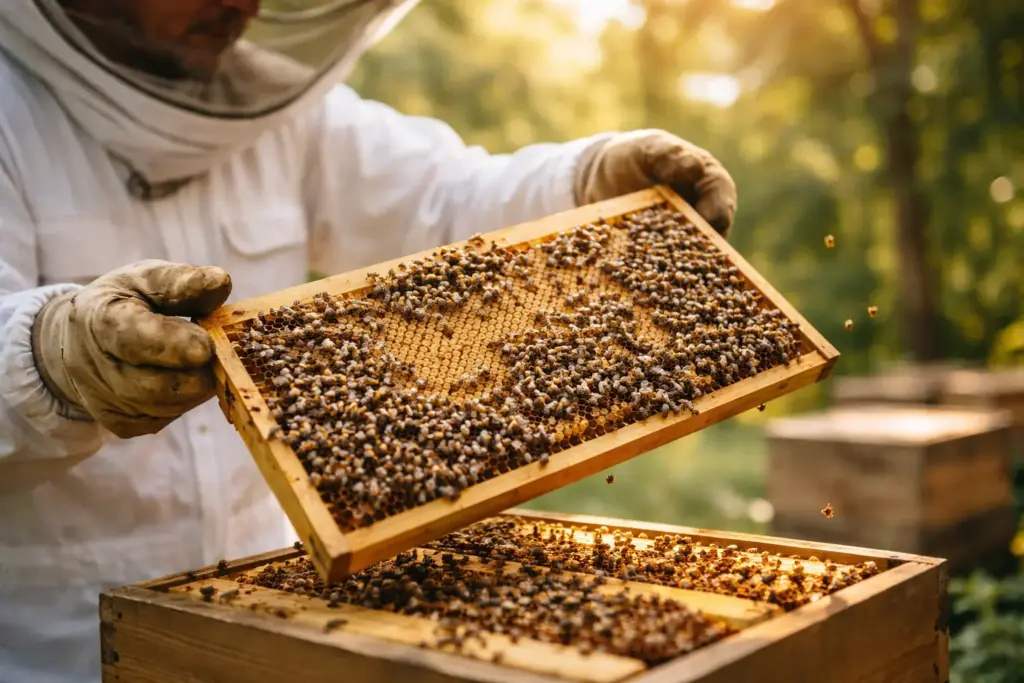 Beekeeper inspecting beehive frames with young larvae and worker bees