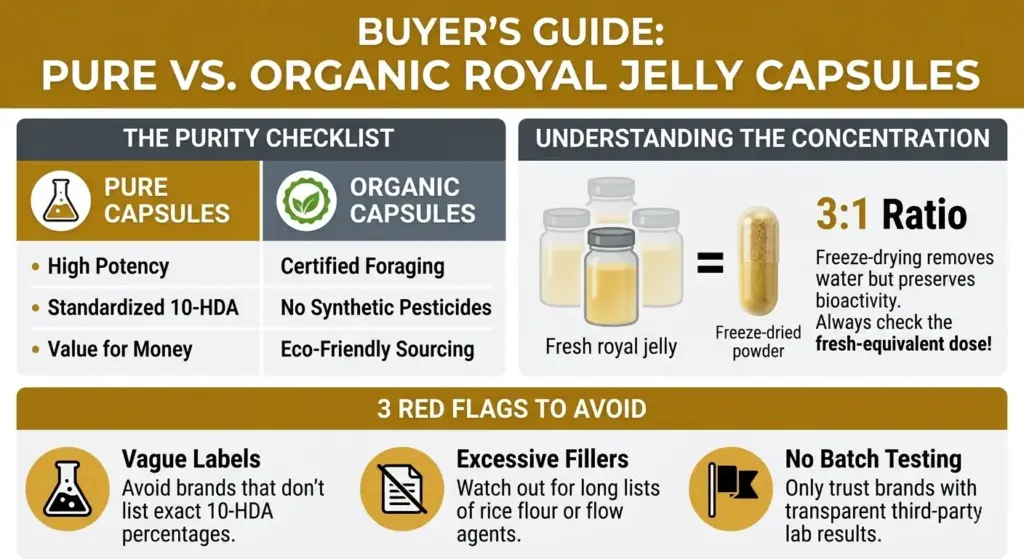 An educational infographic comparing pure and organic royal jelly capsules, explaining freeze-dried concentration, 10-HDA quality markers, and key factors for choosing a trustworthy brand.