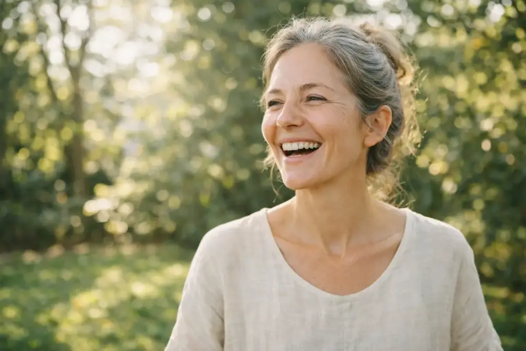 A healthy, glowing Caucasian woman in her 50s laughing outdoors in a sun-drenched garden, representing vitality and wellness.