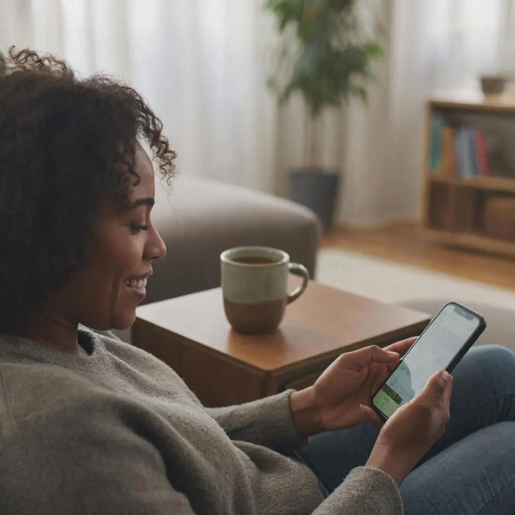 African American woman in her 30s sitting in cozy living room with phone in hand, typing a question, herbal tea on side table, soft afternoon light