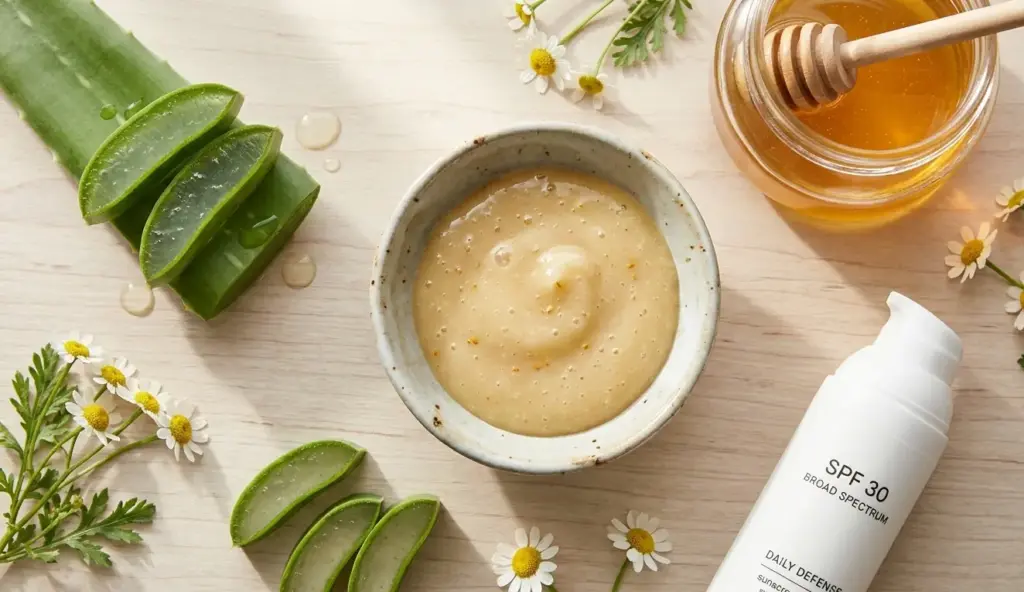 A flat-lay composition showing fresh royal jelly in a small ceramic bowl surrounded by natural ingredients like aloe vera leaves, a jar of honey, and a bottle of sunscreen on a clean wooden surface.