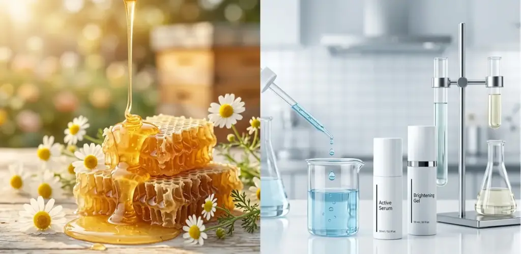 A split-screen collage: the left side shows natural royal jelly in honeycombs; the right side shows modern laboratory bottles with serum.