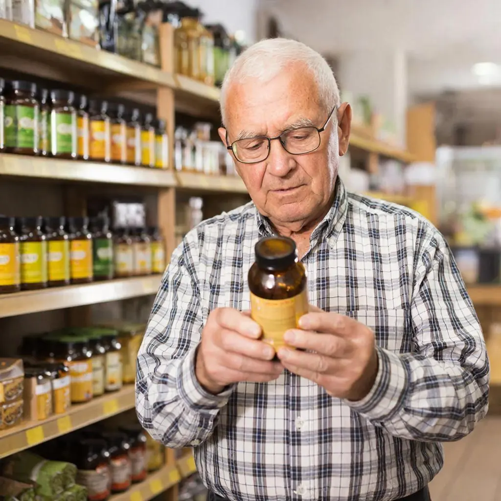 Elderly man in casual plaid shirt reading supplement bottle label in health food store aisle, shelves with various bee products behind him, warm store lighting