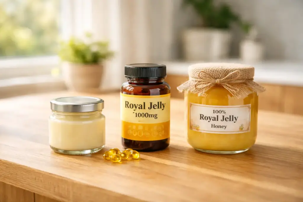 Comparison of different royal jelly products - fresh jar, capsules, and honey blend on kitchen counter
