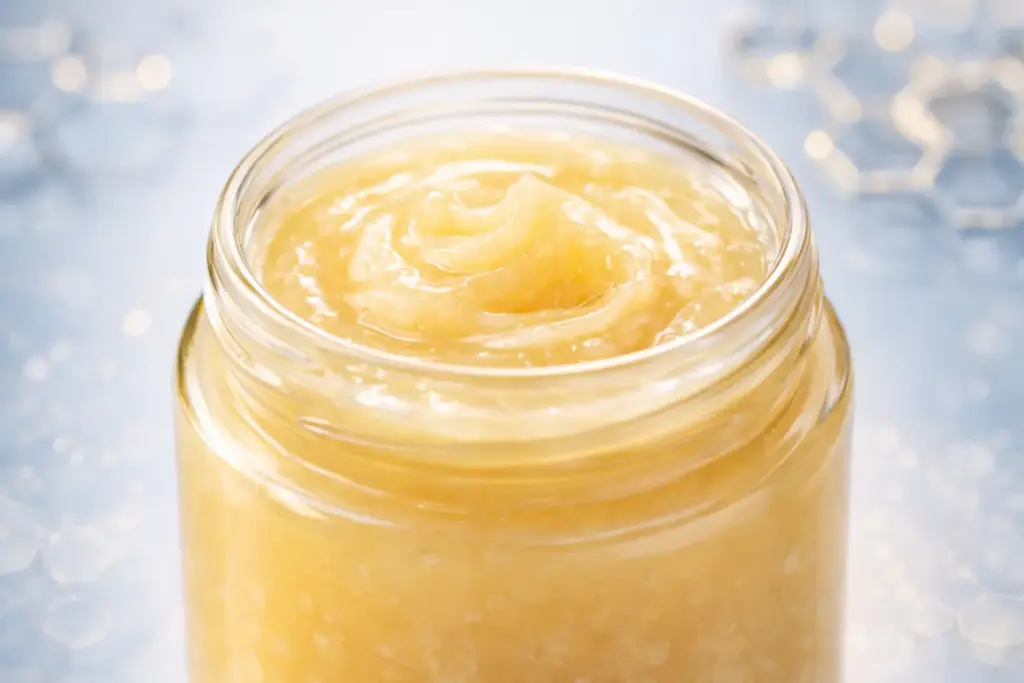 A close-up, high-quality shot of fresh royal jelly in a golden, creamy texture, presented in a minimalist glass cosmetic jar, symbolizing its nutrient-dense nature.