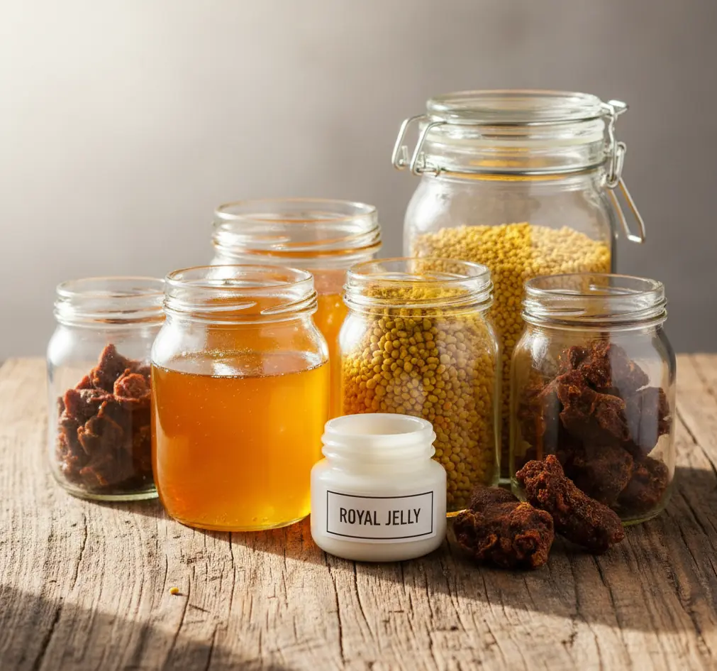 A collection of natural hive products including honey, pollen, and royal jelly, which is the substance people often refer to when asking what kinda bees produce milk