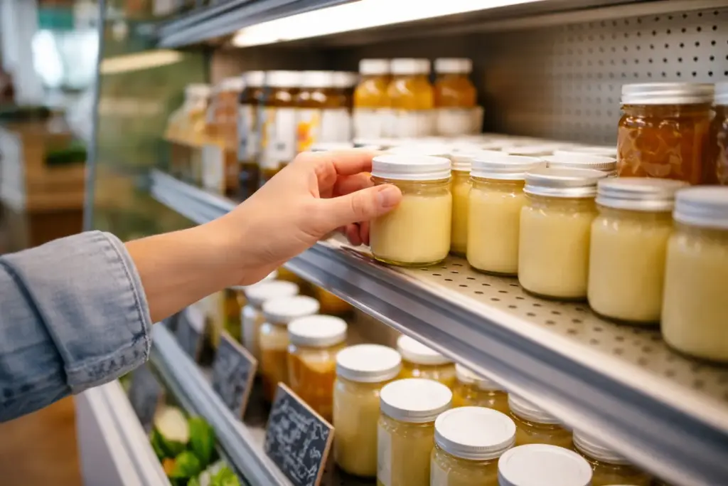 Customer selecting fresh royal jelly from refrigerated display at health food store