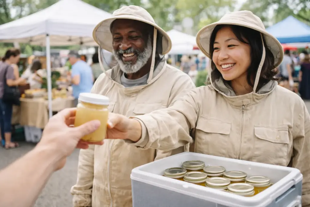 Local beekeepers selling fresh royal jelly at farmers market with refrigerated storage